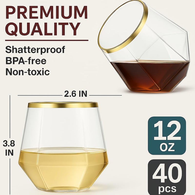 Oojami 40 count Diamond Unbreakable Stemless Plastic Wine Champagne Whiskey Glasses Elegant Durable Disposable Indoor Outdoor Ideal for Home, Office, Bars, Wedding, 12 Ounce Cups Gold Rim (Gold) - Image 5